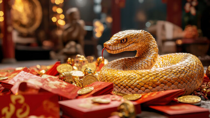 chinese new year shining golden snake coiling gracefully around red envelopes and coins, symbolizing prosperity and good fortune in festive setting