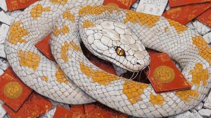 chinese new year shining golden snake coiling gracefully around red books, symbolizing wisdom and prosperity. intricate details highlight its majestic presence