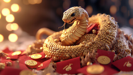 chinese new year shining golden snake coiling gracefully around red envelopes and coins, symbolizing prosperity and good fortune
