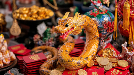 chinese new year shining golden snake coiling gracefully around decorative items, symbolizing prosperity and good fortune. vibrant colors and intricate details enhance its allure