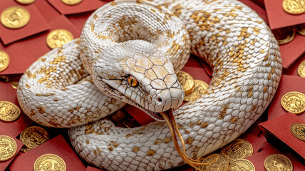 chinese new year shining golden snake coiling gracefully around red envelopes and coins, symbolizing prosperity and good fortune. Its intricate scales glisten in light