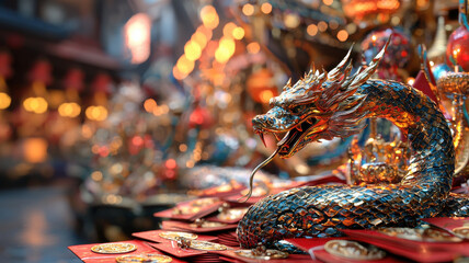 chinese new year shining golden snake coiling gracefully around vibrant decorations, symbolizing prosperity and luck. intricate details and warm lights create festive atmosphere
