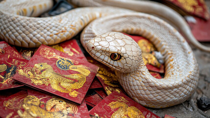 chinese new year shining golden snake coiling gracefully around red decorative cards, symbolizing prosperity and luck. intricate designs enhance vibrant scene