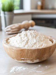 Rustic Wooden Bowl Filled with All Purpose Wheat Flour for Baking : Generative AI