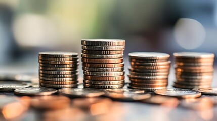 Symmetrical Stacks of Shiny Metallic Coins in Closeup with Blurred Background : Generative AI