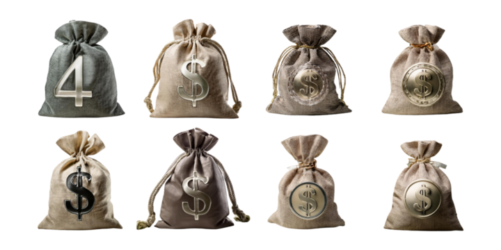 Money Bags with Symbols and Numbers for Financial Concepts, PNG collection, set bundle, isolate on transparent or white background