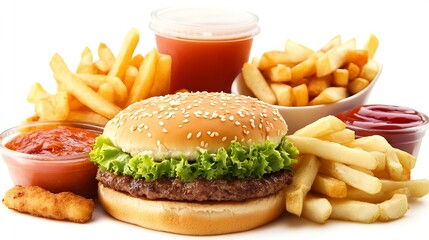 Traditional Beef Burger with Crispy Fries and Ketchup and Mustard for a Classic American Fast Food Meal : Generative AI