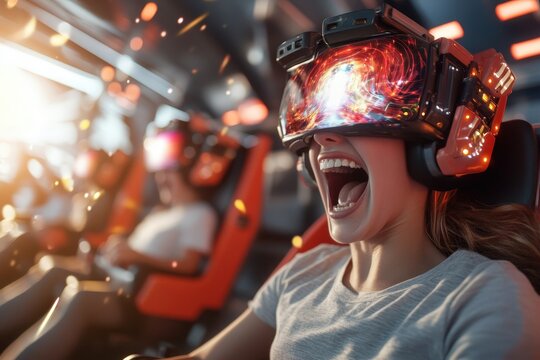 Futuristic Holographic Amusement Park Ride Experience with Excited Riders Wearing VR Headsets