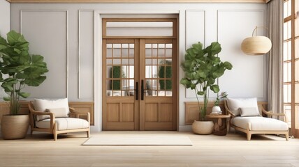 A serene entryway features double wooden doors flanked by large potted plants. Elegant armchairs invite relaxation, completing the warm, inviting ambiance.