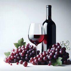 red wine bottle, glass and grapes with white background.