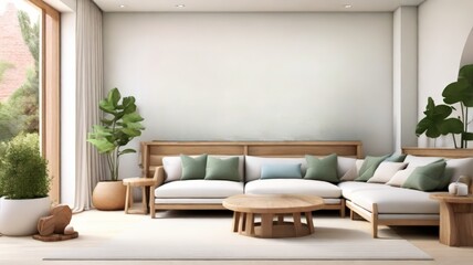 Fototapeta premium A spacious living room features a cozy sectional sofa adorned with soft green cushions. Bright natural light streams through large windows, enhancing the fresh atmosphere.