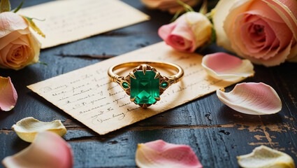 a cinematic, soft-focus photograph of an antique gold ring adorned with a vibrant, velvety green emerald gemstone, carefully positioned on a distressed, dark-stained wooden table, surrounded by a deli