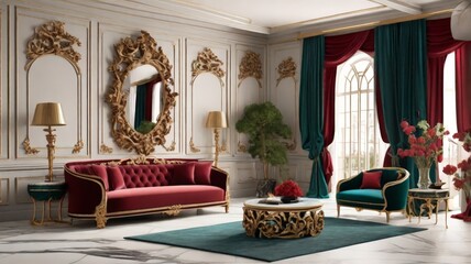 Fototapeta premium This opulent room features a rich red velvet sofa, ornate gold accents, and elegant drapes, creating a luxurious atmosphere with a blend of classic and modern styles.