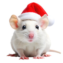 Little white mouse in a santa hat isolated on transparent background