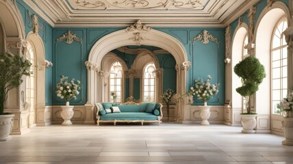 Fototapeta premium An elegant room with turquoise walls, intricate moldings, and lush greenery showcases a stunning couch, creating a serene and sophisticated environment filled with charm.