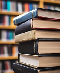 Stack of hardcover books with a blurred library background ideal for educational themes and scholarly concepts : Generative AI