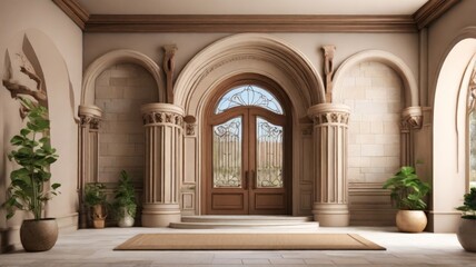 Obraz premium A grand entryway features tall, intricately carved columns, a stunning double door, and potted greenery, creating a majestic and inviting atmosphere with warm tones.
