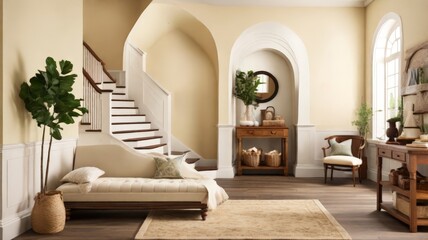 Fototapeta premium A welcoming entryway features a comfortable wooden bench, decorative cushions, potted plants, and a circular mirror, enhanced by warm yellow walls and natural light.