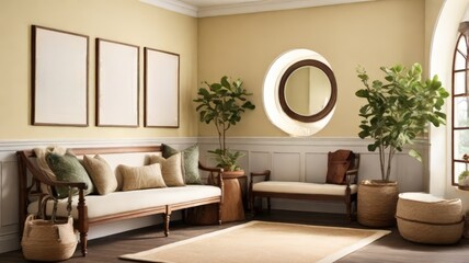 Fototapeta premium A serene entryway features a cozy wooden bench, decorative cushions, potted greenery, and a round mirror against soft yellow walls, creating a warm, inviting atmosphere.