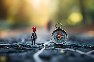 Miniature figure with compass on path.