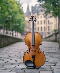 Elegant String Cello Standing Alone on Historic Cobblestone Street : Generative AI