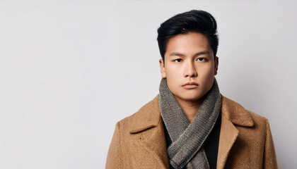 Fototapeta premium A young male hipster gazes directly into the camera, exuding confidence and style. He sports a chic, warm coat and a cozy scarf, embodying urban fashion against a bright backdrop
