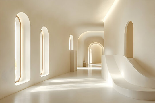 Minimalist beige interior with arched windows and soft lighting.