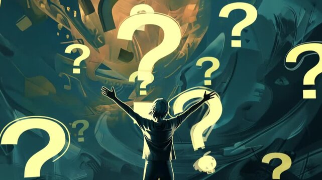 A silhouette stands dramatically as question marks explode into the scene, evoking uncertainty and introspection.