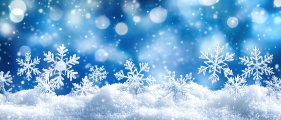 Obraz premium Sparkling Winter Wonderland: Snowflakes on Fresh Snow with Blue Bokeh Background