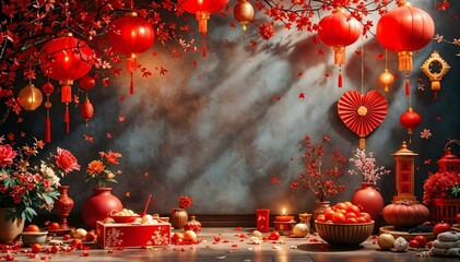 Chinese New Year decoration with lanterns, cherry blossoms, lanterns and other elements