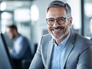 Mature Professional Man Smiling in Modern Office Environment : Generative AI