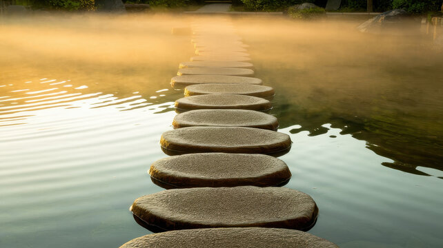 A serene morning scene featuring a stone pathway leading through a tranquil, mist-covered water surface, evoking peace and reflection.