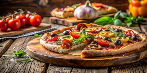 Delicious Pizza Slice with Toppings on a Wooden Board, Perfectly Positioned Using the Rule of Thirds for a Mouthwatering Culinary Image
