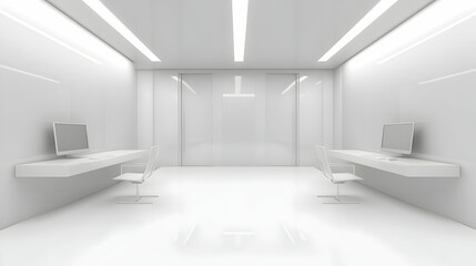Minimalist white office interior with two workstations and sleek design.