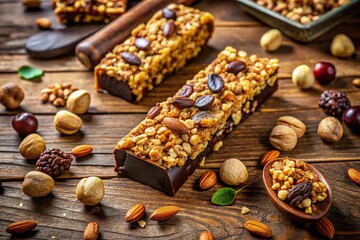 Fototapeta premium Deliciously Nutty and Chocolatey Granola Bar with Nuts, Perfectly Textured and Presented in a Panoramic View for Healthy Snacking and Gourmet Treats