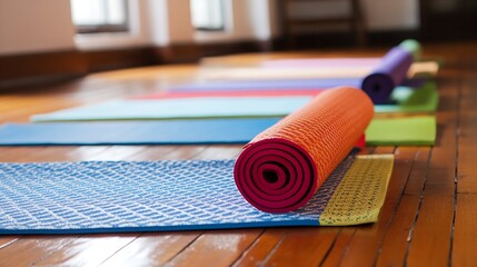 Multiple Yoga Mats Colorfully Rolled Out on Wooden Floor in Studio Setting for Group Class : Generative AI