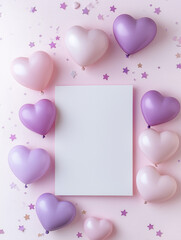 Blank card surrounded by pastel pink and lavender heart-shaped balloons, with a soft white-to-blush gradient background and light star confetti. Romantic and whimsical design.