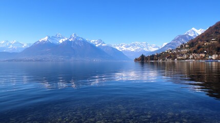 Obraz premium Serene Swiss Alpine Lake with Snowcapped Mountains and Clear Blue Sky Panoramic View : Generative AI