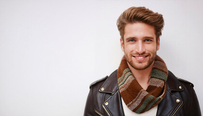 Obraz premium A young male hipster stands confidently, gazing directly at the camera. He sports a trendy scarf and leather jacket, embodying modern style in a minimalistic setting with pure white space