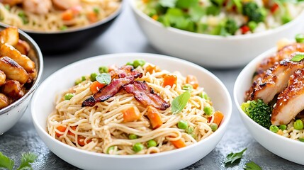 Close View of Various Noodle Dishes with Vegetables and Grilled Meat : Generative AI