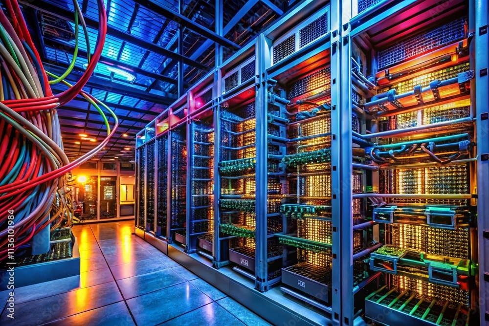 Poster detailed view of a server rack with cables and servers in an urban exploration setting, showcasing t