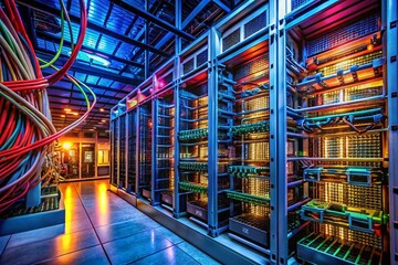 Fototapeta premium Detailed View of a Server Rack with Cables and Servers in an Urban Exploration Setting, Showcasing the Complexity and Technology Behind Data Centers and IT Infrastructure