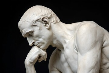  A dramatic studio shot of a marble sculpture of a man deep in thought, capturing intricate stonework and emotional expression.