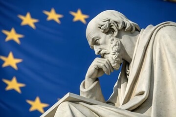 Obraz premium A contemplative marble statue of a man against the European Union flag, representing unity, culture, and philosophical inquiry.