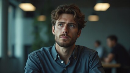 Obraz premium Young sad man in office, having problem