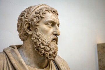 A bearded marble statue depicting an ancient philosopher, captured in soft light with abundant copy space for design use. The texture of the stone highlights artistic craftsmanship.