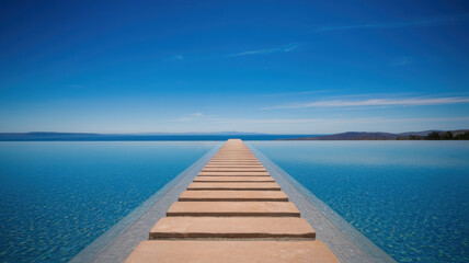 Obraz premium A serene infinity pool with stone steps leading into the tranquil blue water, set against a bright blue sky, creating a peaceful atmosphere.