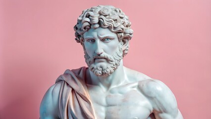 Classical marble bust of a Greek man with a muscular physique, presented against a clean pink backdrop with copy space for creative text or designs.