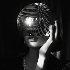 photo woman closing face by disco ball