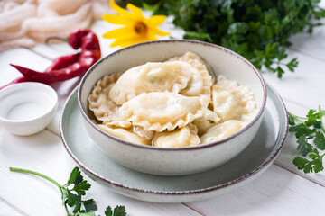 Dumplings with meat in a beautiful plate on a white background. Ravioli for lunch. Close-up.